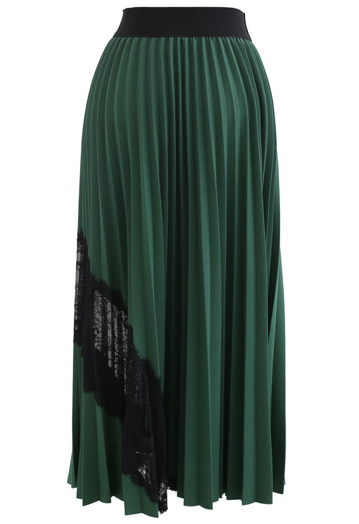 Lace Inserted Pleated Maxi Skirt in Green