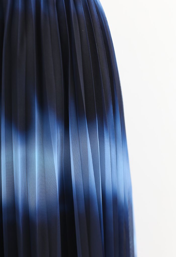 Color-Block Mesh Tulle Pleated Midi Skirt in Blue
