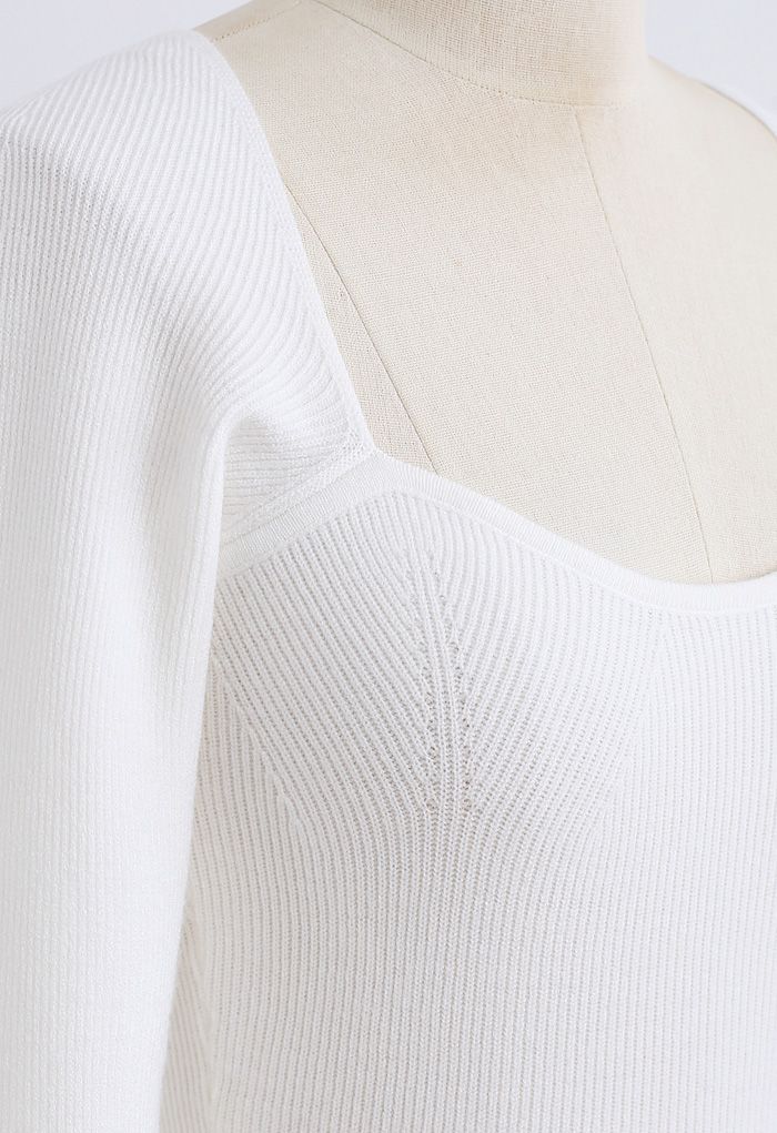 Square Neck Long Sleeves Fitted Knit Top in White