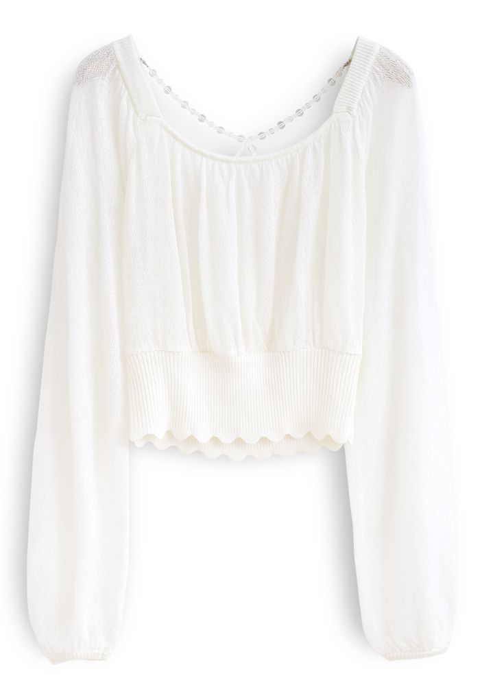 Crisscross Pearl Square Neck Crop Knit Top in White