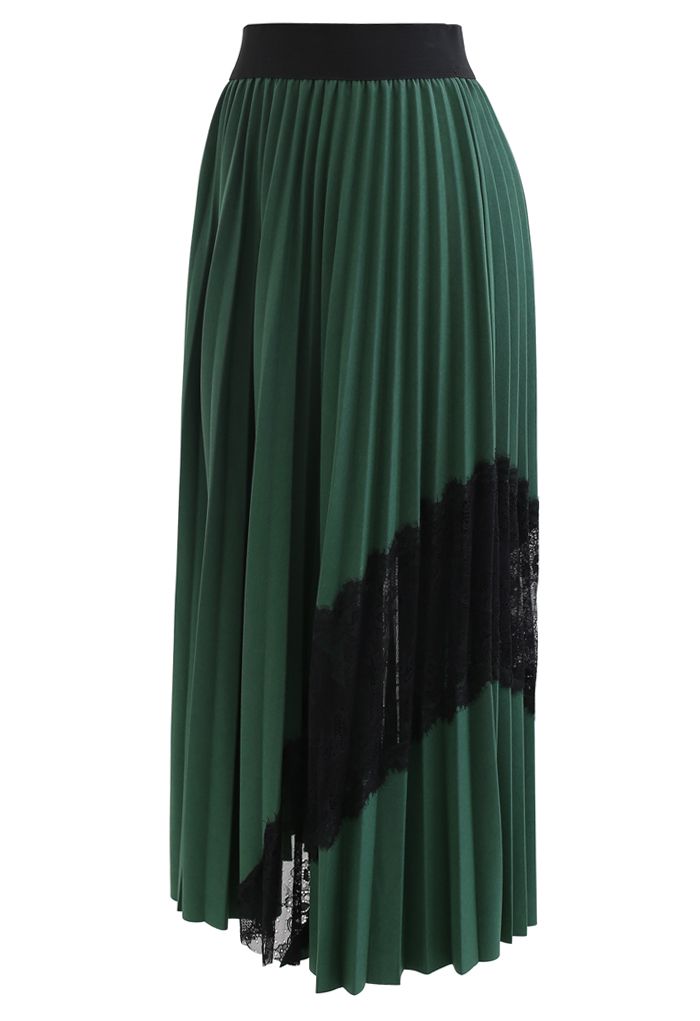 Lace Inserted Pleated Maxi Skirt in Green