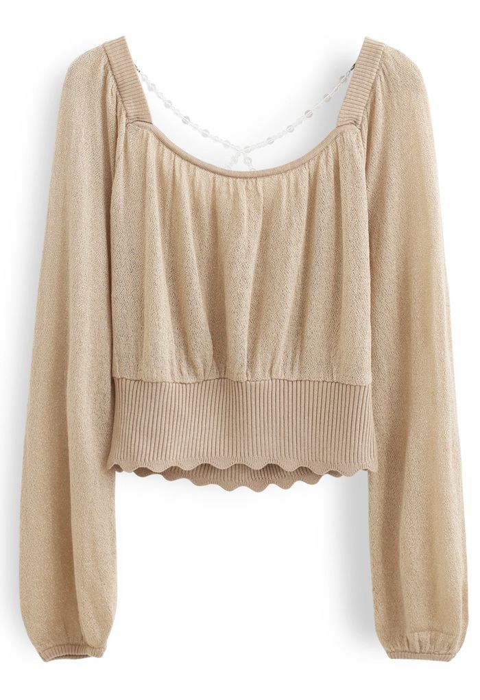 Crisscross Pearl Square Neck Crop Knit Top in Camel