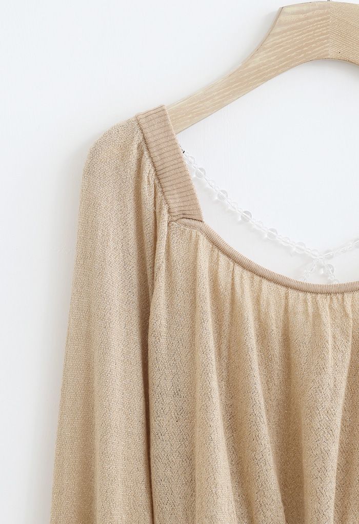 Crisscross Pearl Square Neck Crop Knit Top in Camel