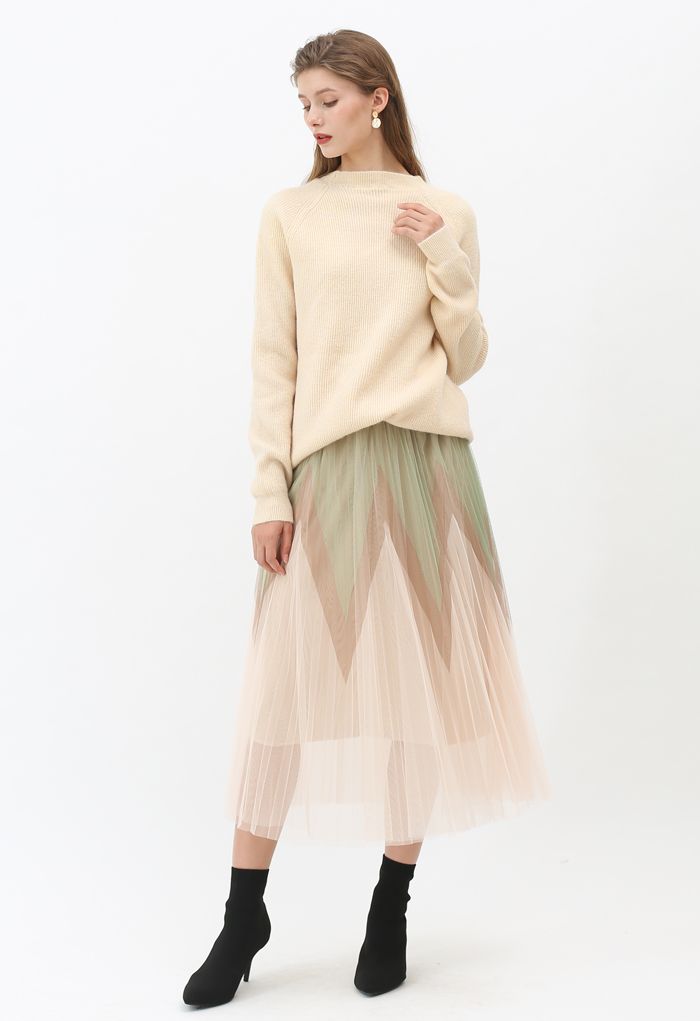 Zigzag Double-Layered Pleated Tulle Midi Skirt in Cream