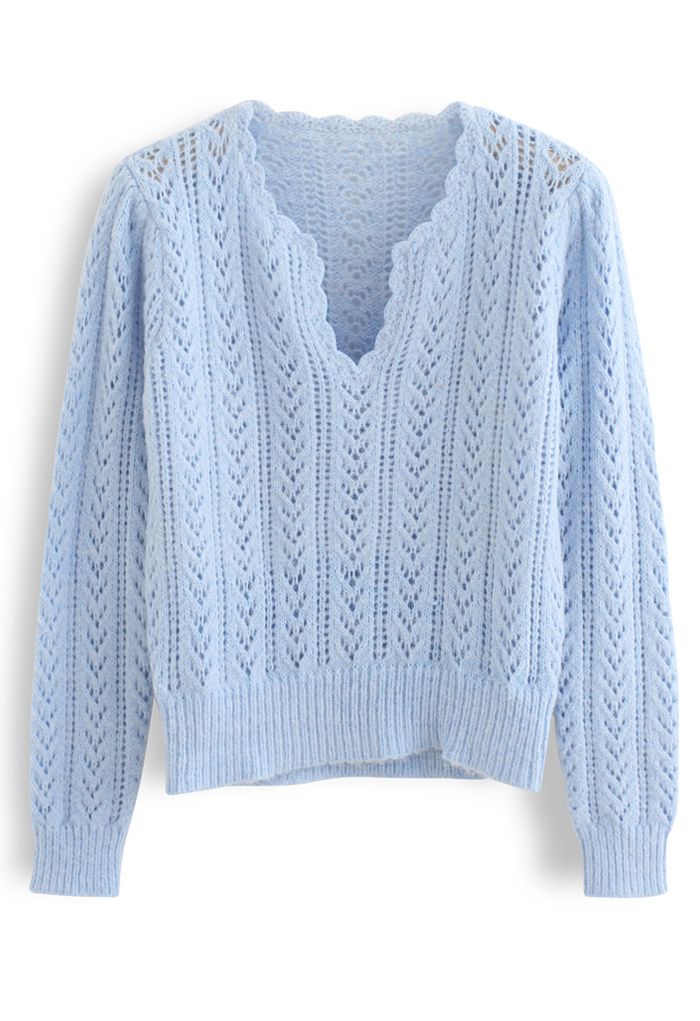 V-Neck Hollow Out Soft Touch Knit Sweater in Blue