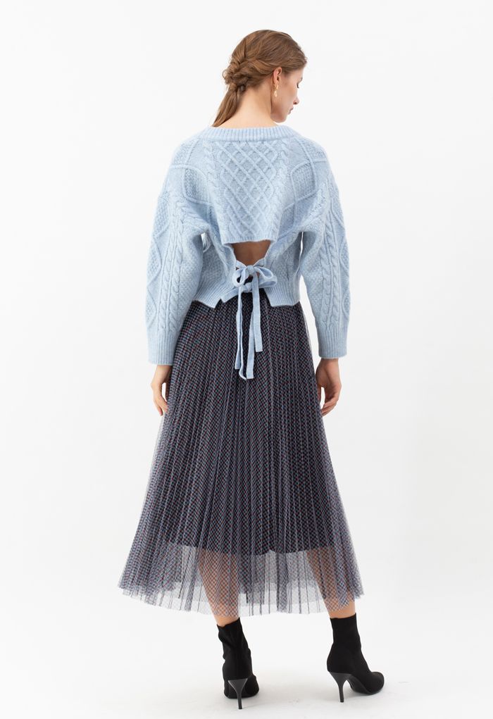 Gingham Double-Layered Pleated Mesh Midi Skirt in Navy