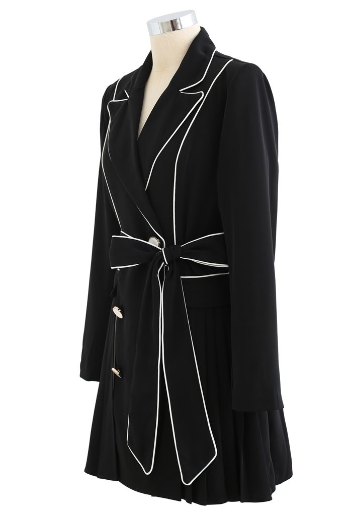 Piped Double-Breasted Pleated Blazer Dress in Black