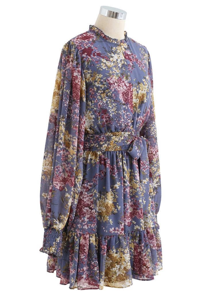 Flying Petals Print Puff Sleeves Ruffle Dress in Lavender