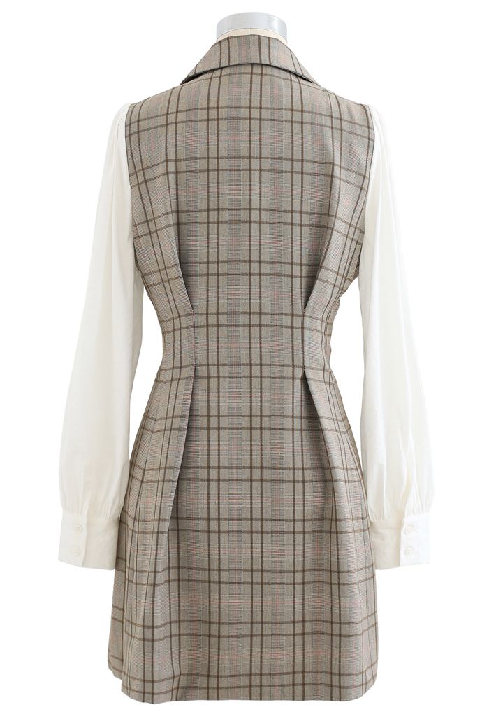Contrast Sleeves Double-Breasted Grid Blazer Dress