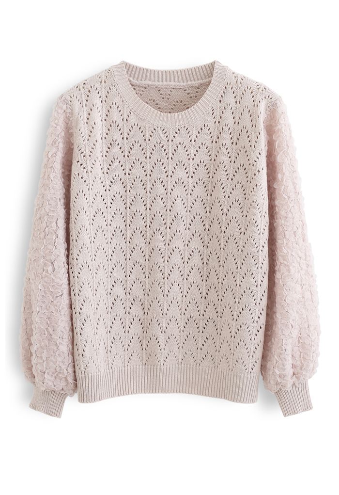 3D Flower Lace Sleeves Eyelet Knit Sweater in Dusty Pink