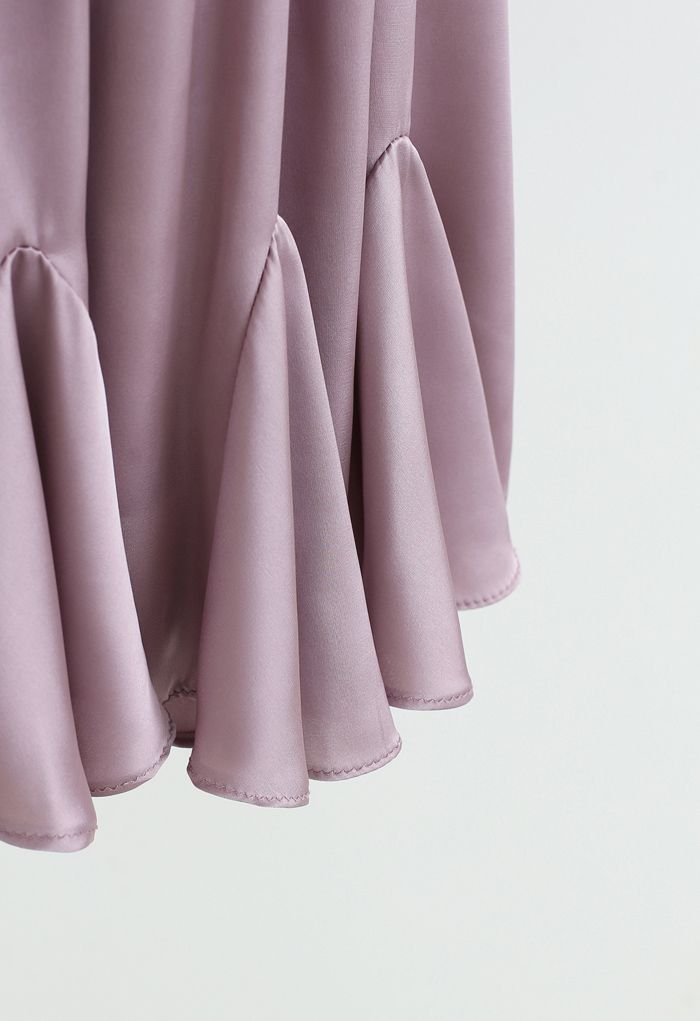 High Neck Puff Sleeves Satin Ruffle Dress in Lilac