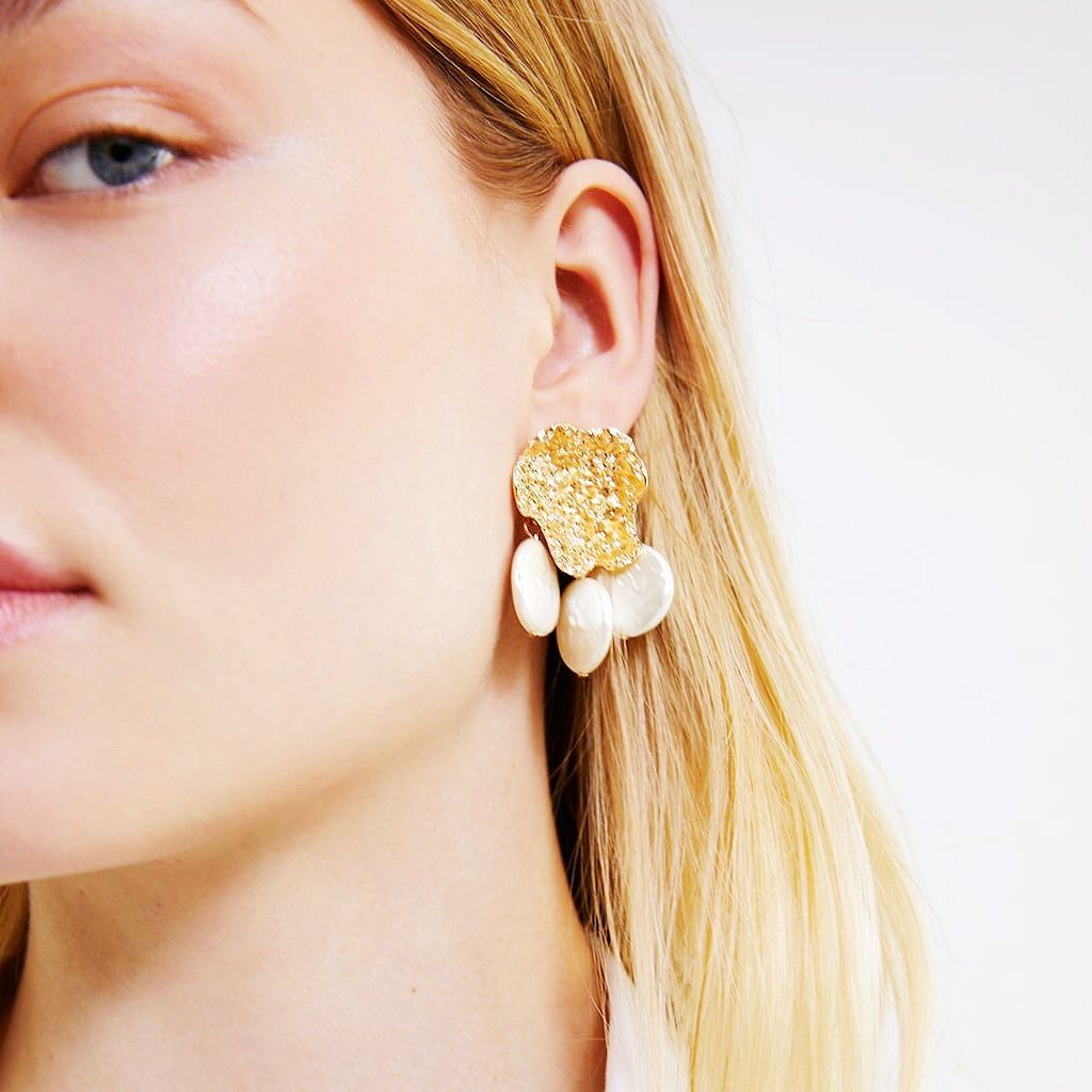 Golden Petal Coin Pearls Drop Earrings