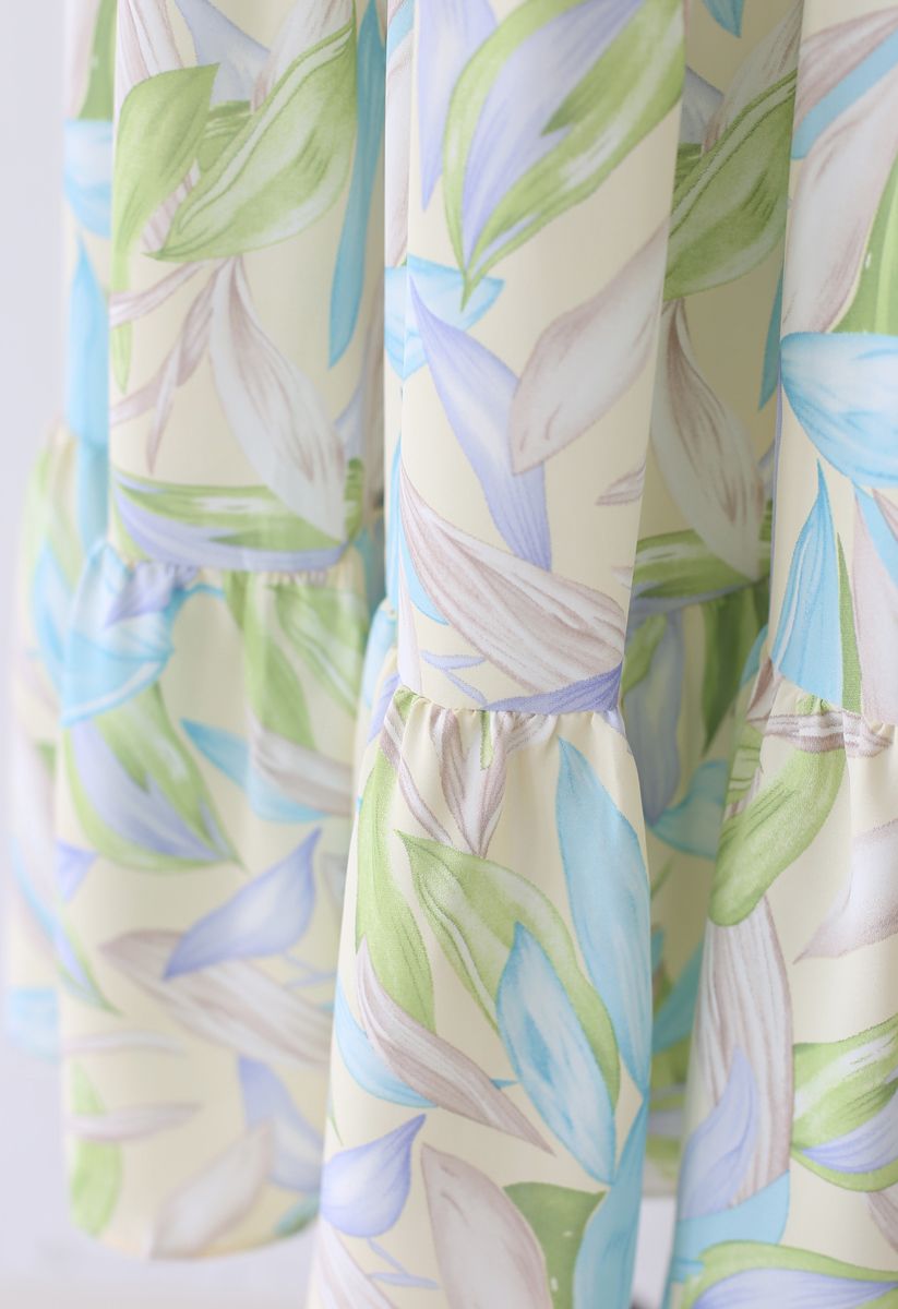 Multicolor Leaves Print Frill Hem Wrap Maxi Dress
