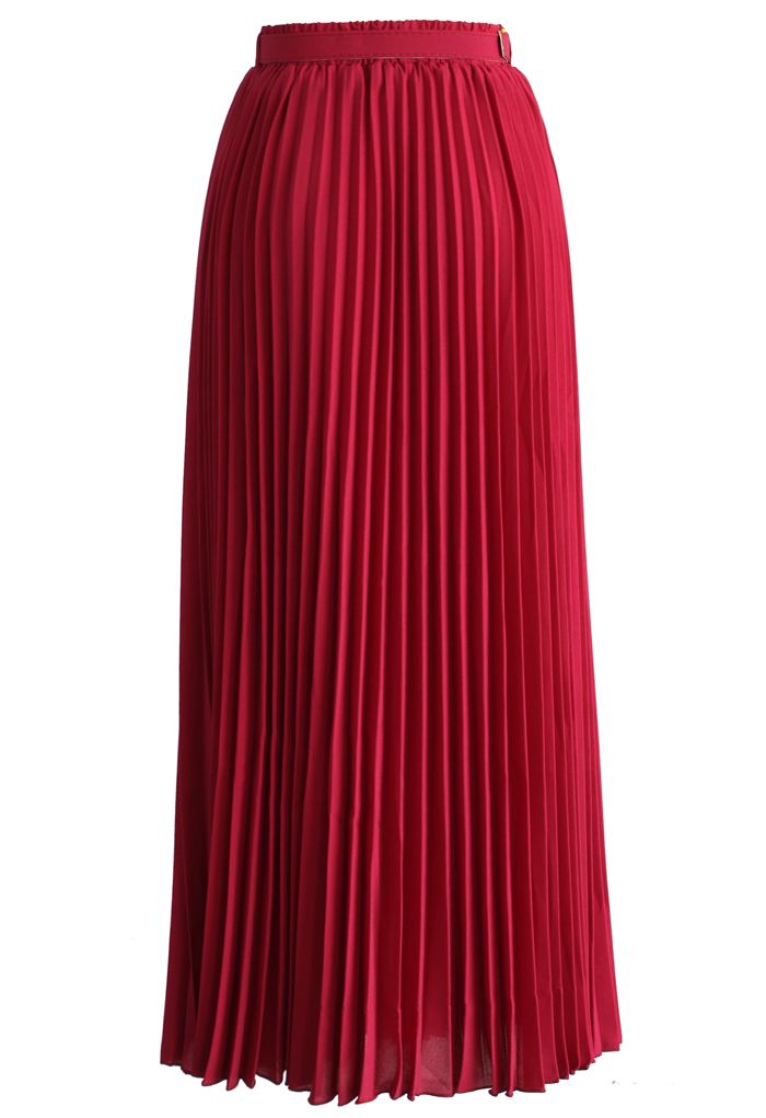 Belted Pleated Chiffon Maxi Skirt in Ruby 