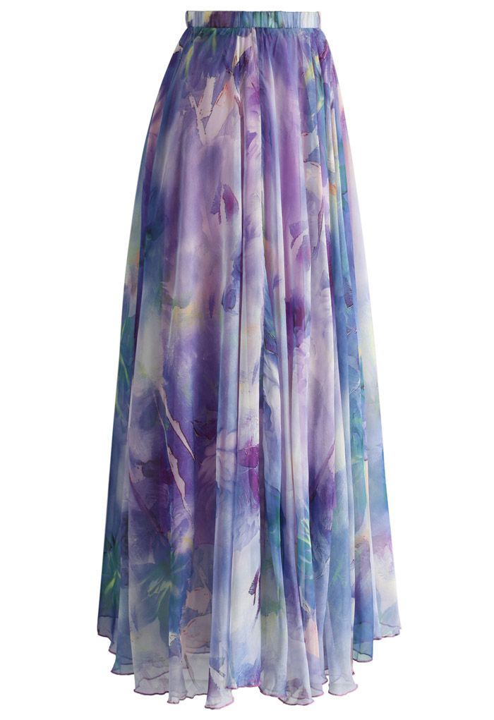Dancing Watercolor Floral Maxi Skirt in Violet