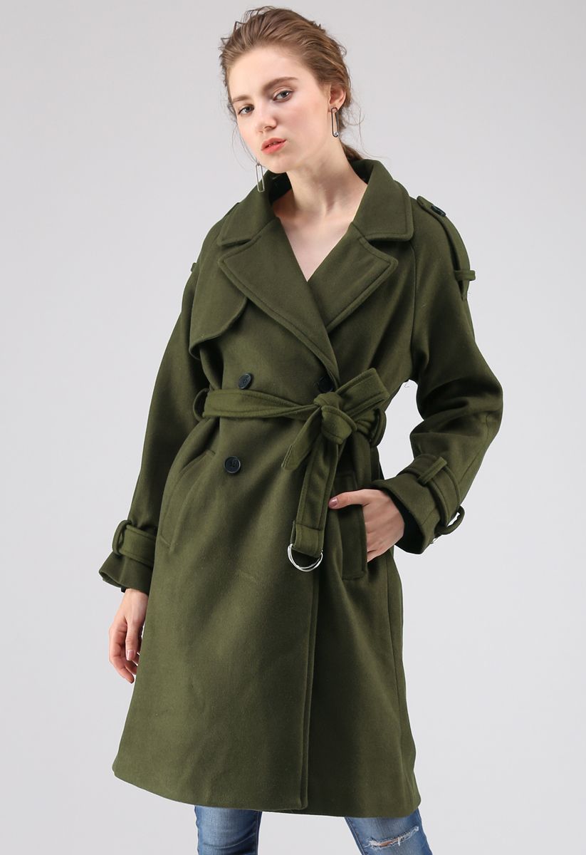 Snug Double-Breasted Wool-Blend Coat in Army Green