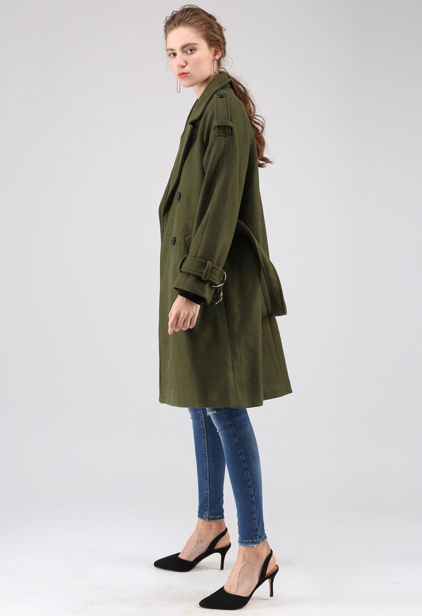 Snug Double-Breasted Wool-Blend Coat in Army Green