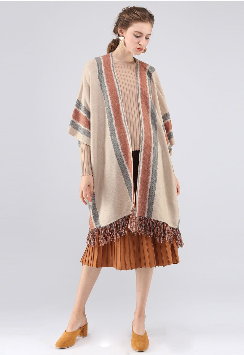 Stylish Folk Stripe Tassel Knitted Cape in Tan