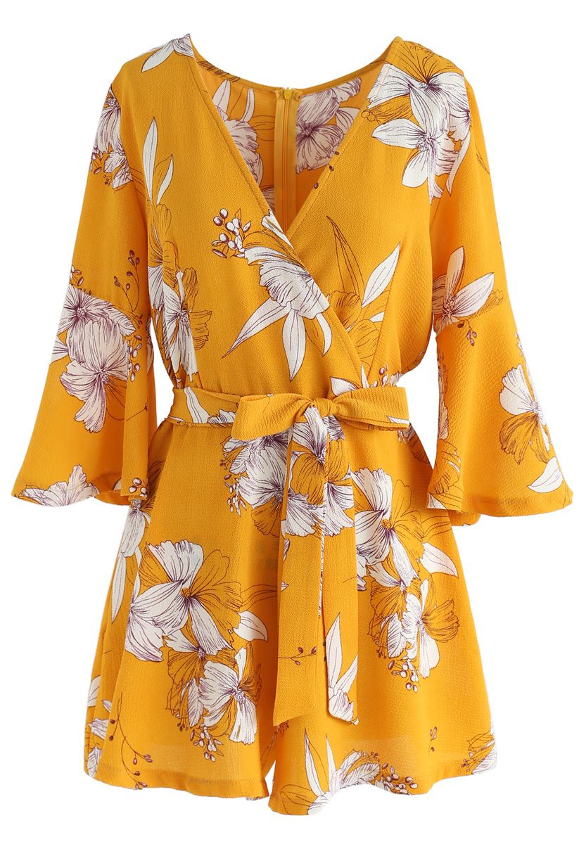 Bold Blooms Floral Wrapped Playsuit in Yellow 