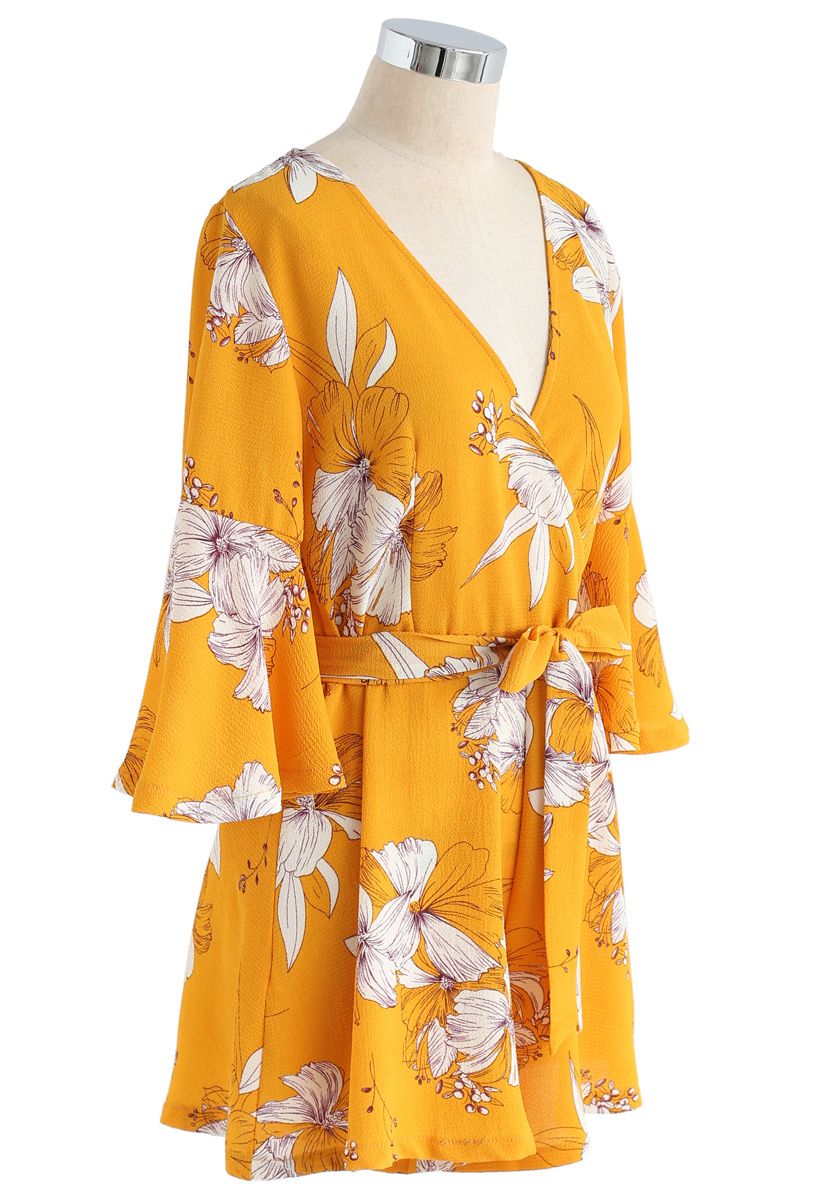 Bold Blooms Floral Wrapped Playsuit in Yellow 