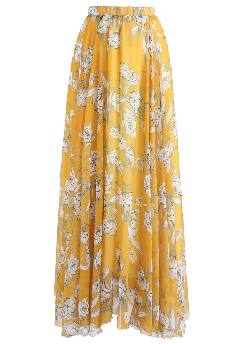 Flower Season Chiffon Maxi Skirt in Yellow