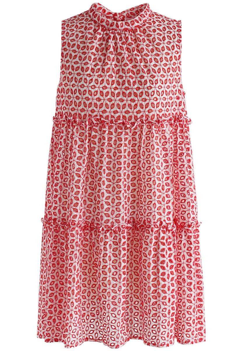 Eyelet Scintilla Embroidered Sleeveless Dress in Red