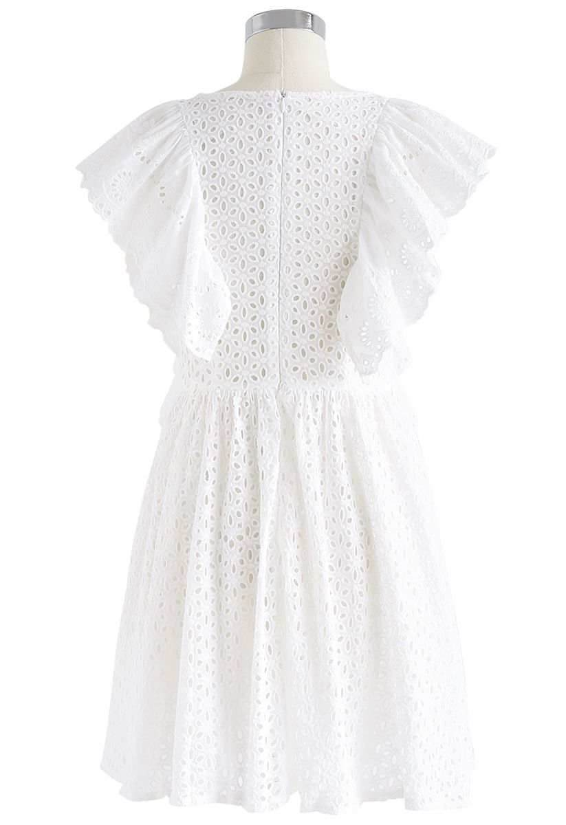 All Eyelet Embroidered Ruffle Sleeveless Dress in White