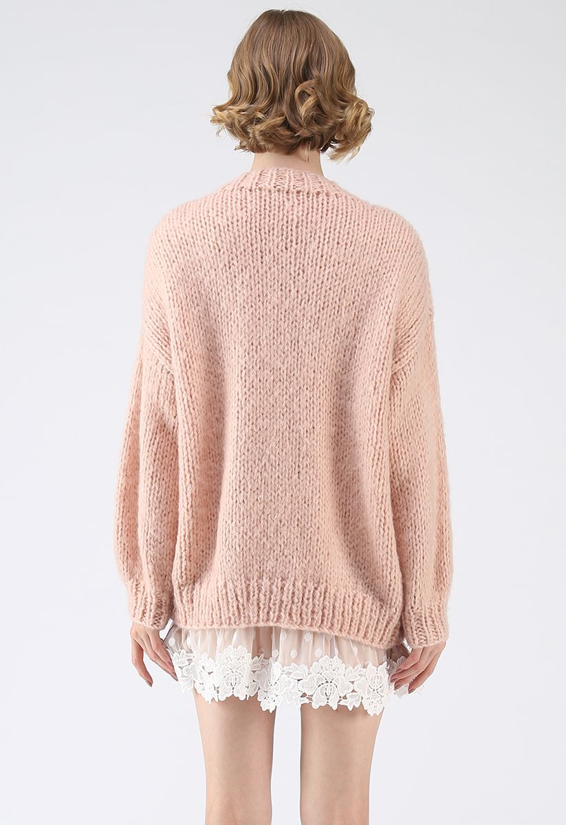 Pause for the Cozy Chunky Hand Knit Cardigan in Pink