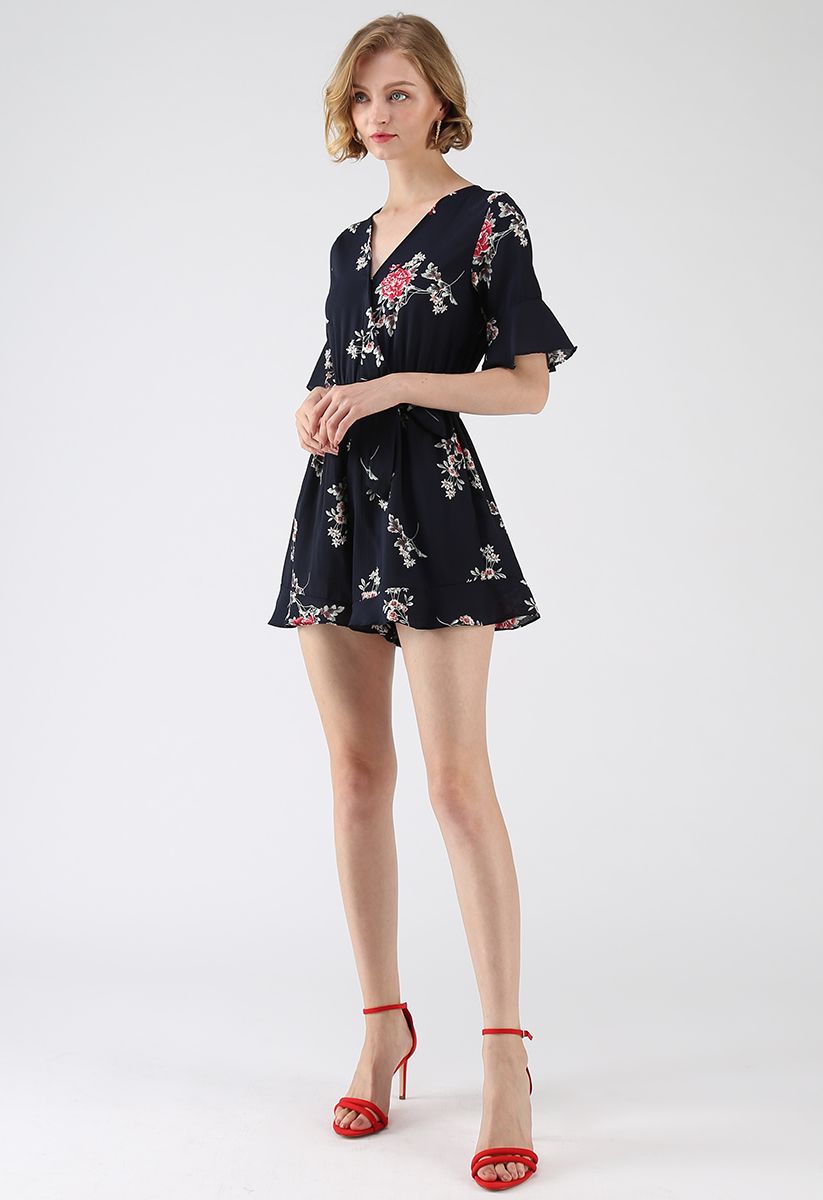 Dwell in Floral Dream Wrapped Playsuit in Navy