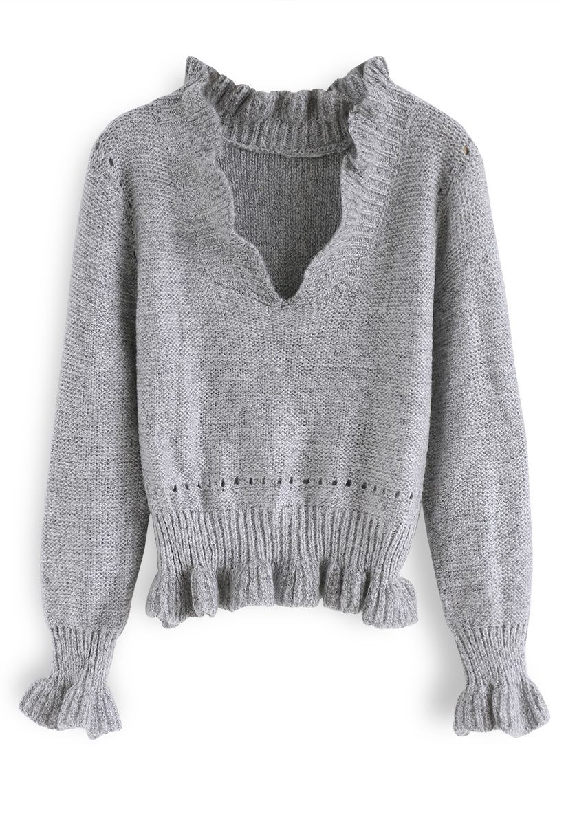 Knit a Chance V-Neck Frilling Sweater in Grey