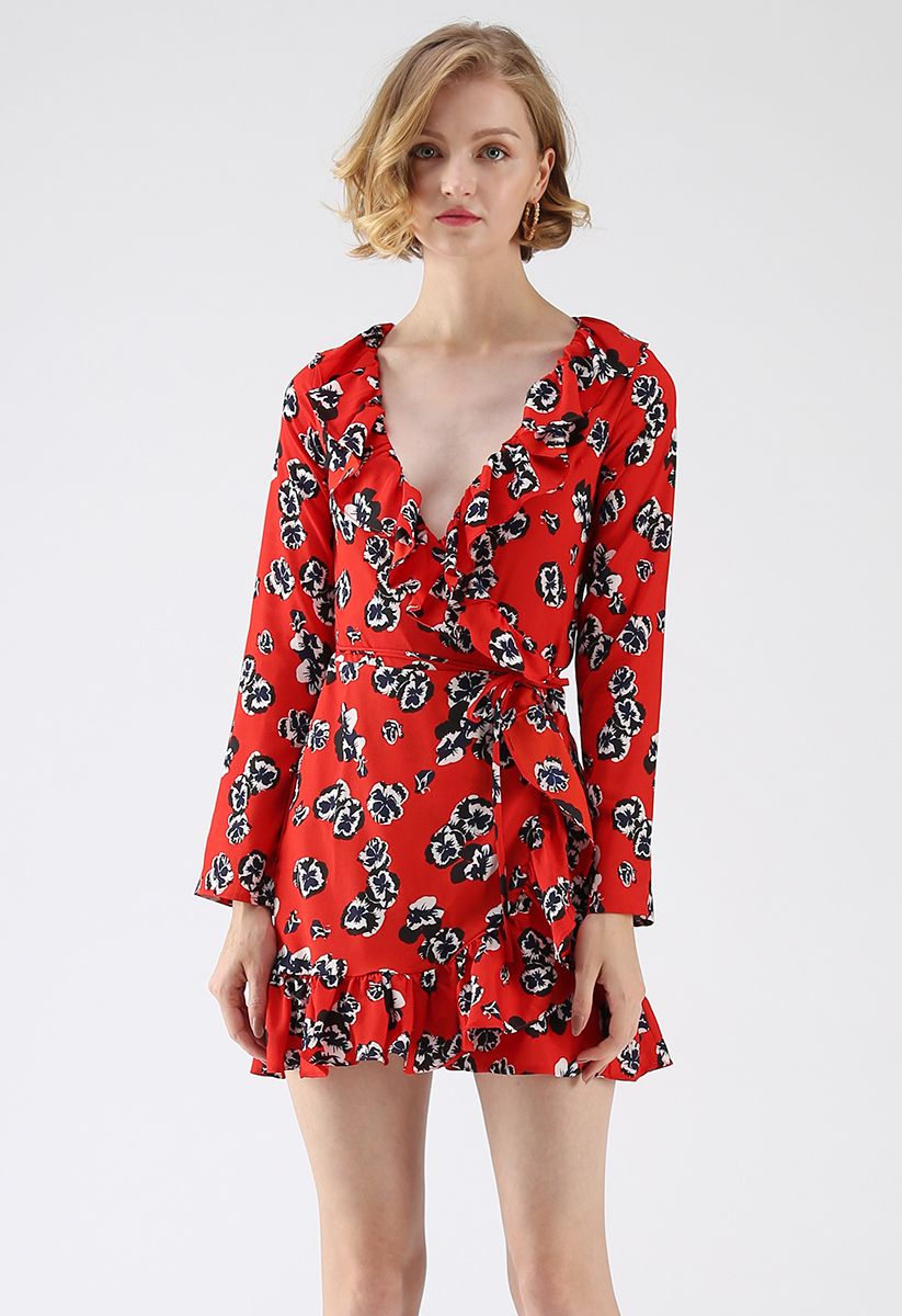 Deep Dream of Floral Wrap Ruffle Dress in Red
