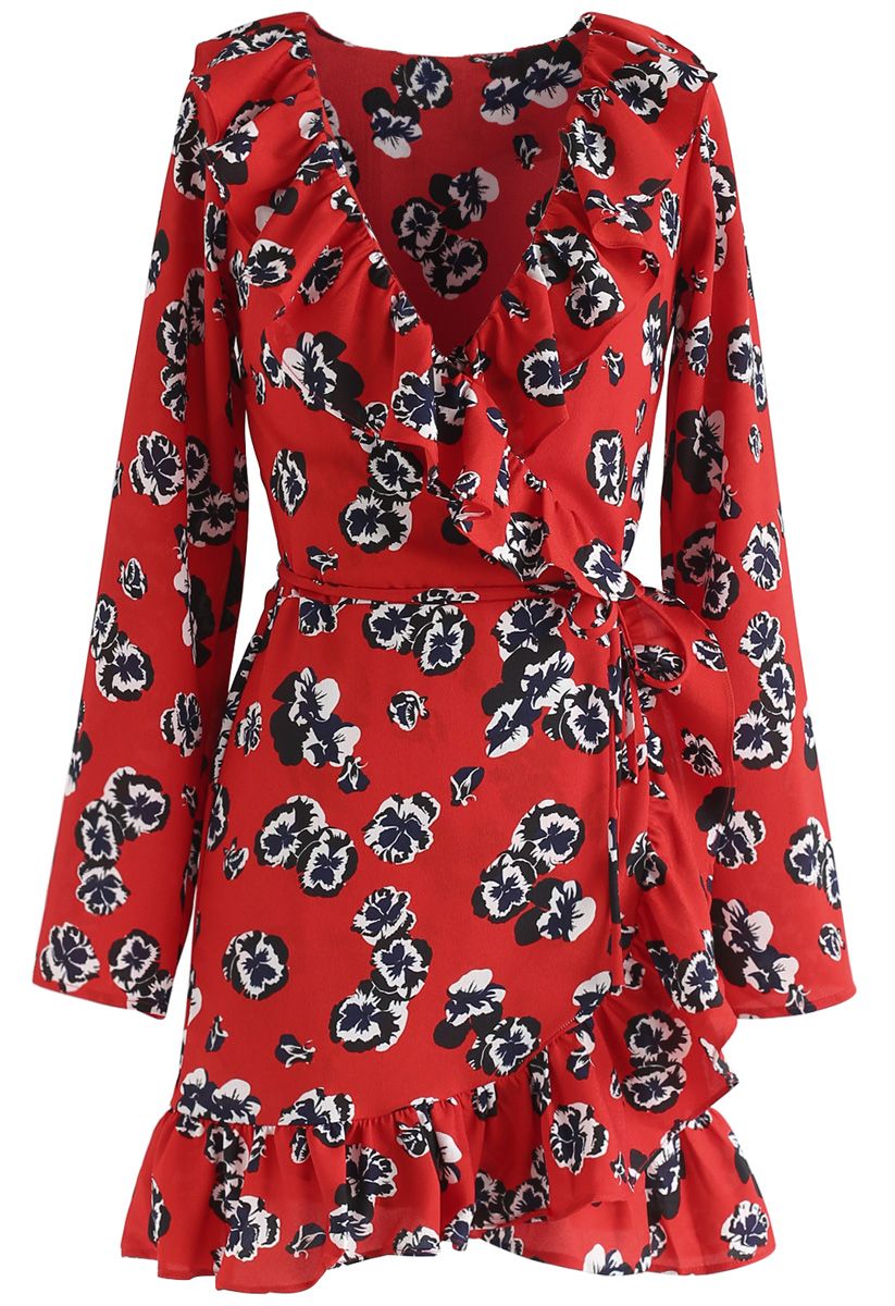 Deep Dream of Floral Wrap Ruffle Dress in Red