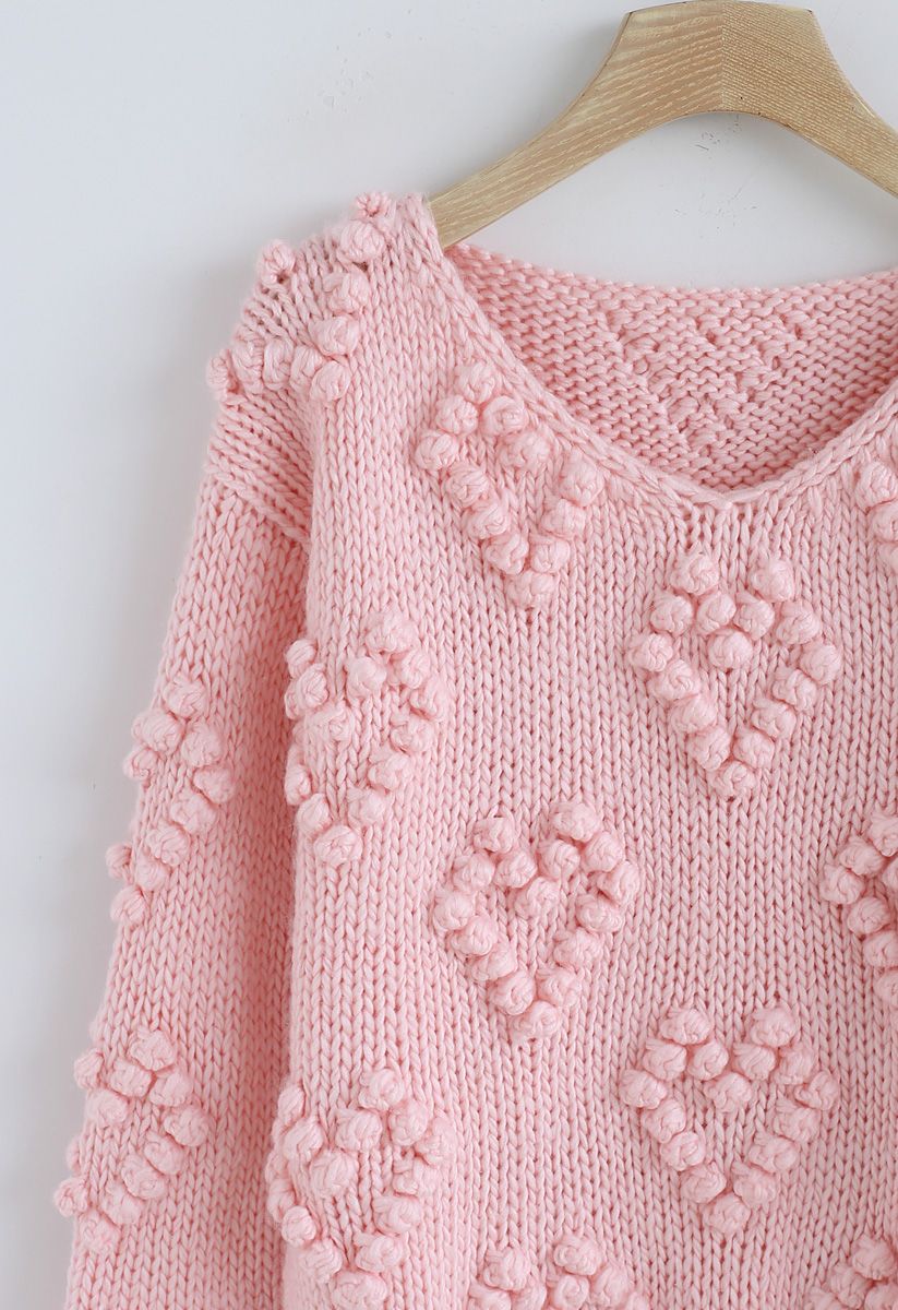 Suéter con cuello en V de punto de su amor en rosa