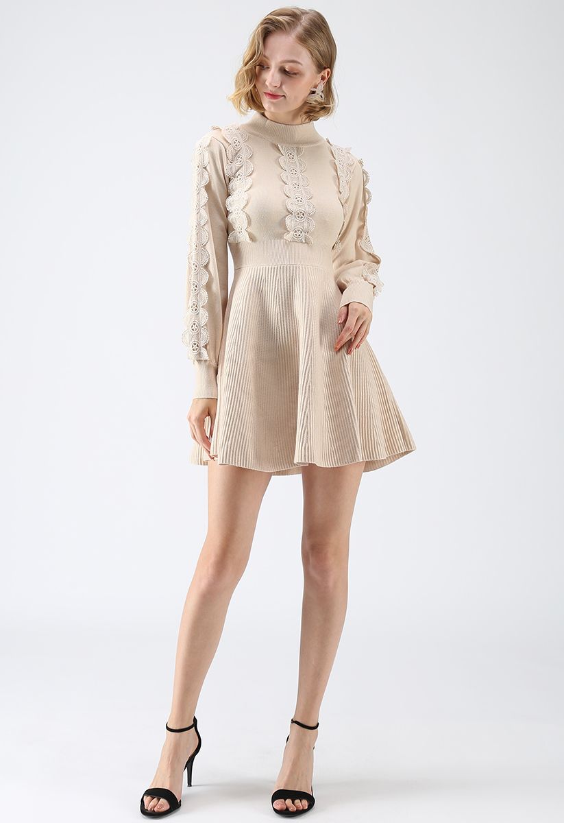 Amiable Attraction Crochet A-Lined Knit Dress in Cream 