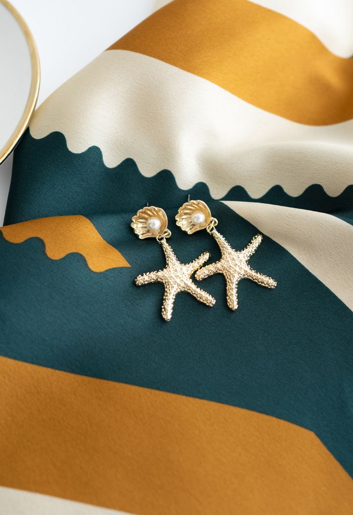 Gold Starfish Shell Pearl Drop Earrings
