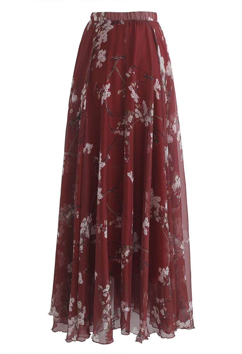 Plum Blossom Watercolor Maxi Skirt in Wine