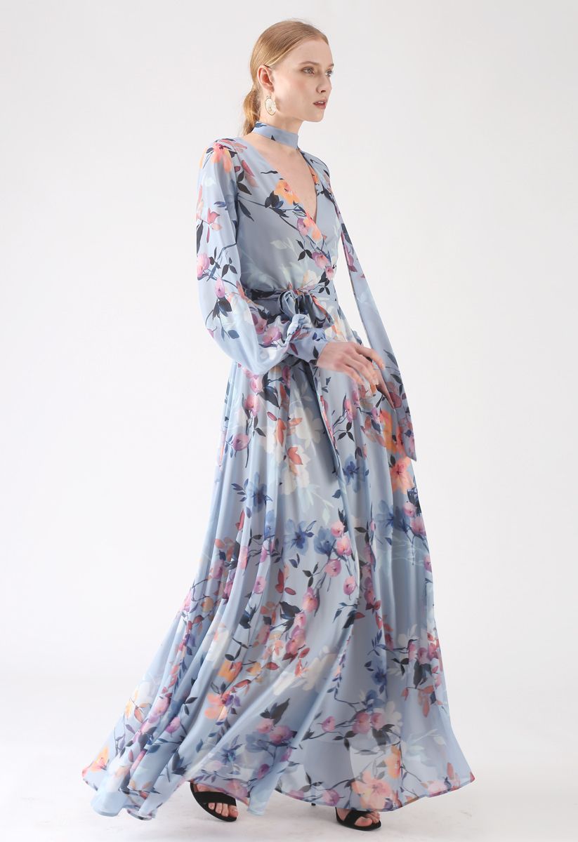 Floral Endearment Chiffon Maxi Dress in Blue
