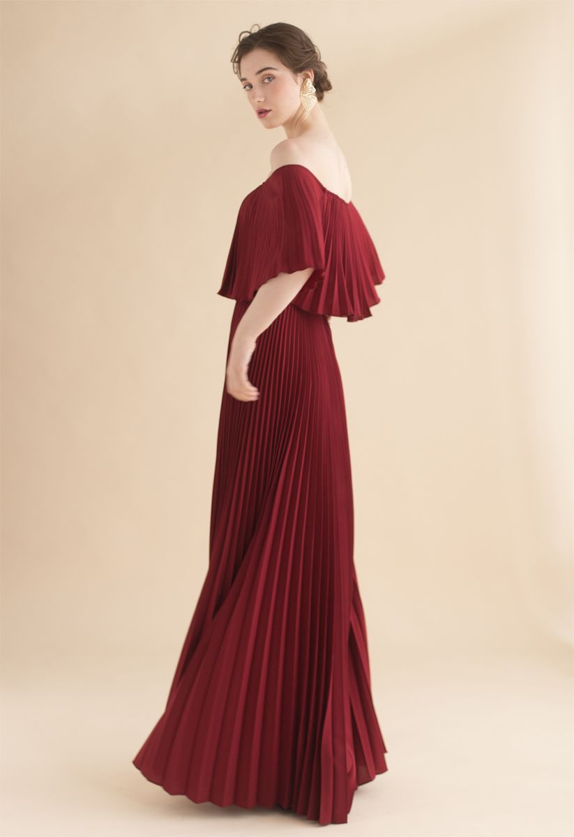 Dancing Till Dawn Off-Shoulder Pleated Maxi Dress in Wine