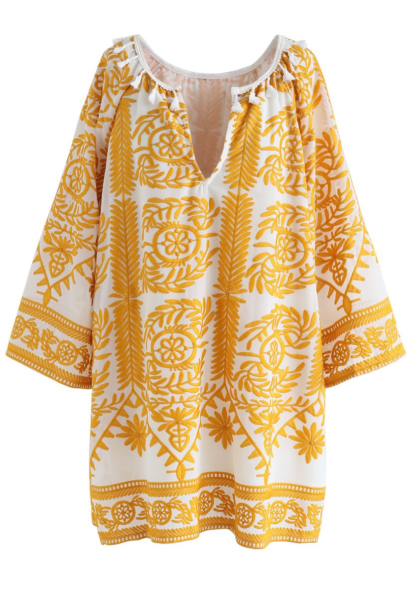 Touch The Skyline Boho Embroidered Dress in Yellow