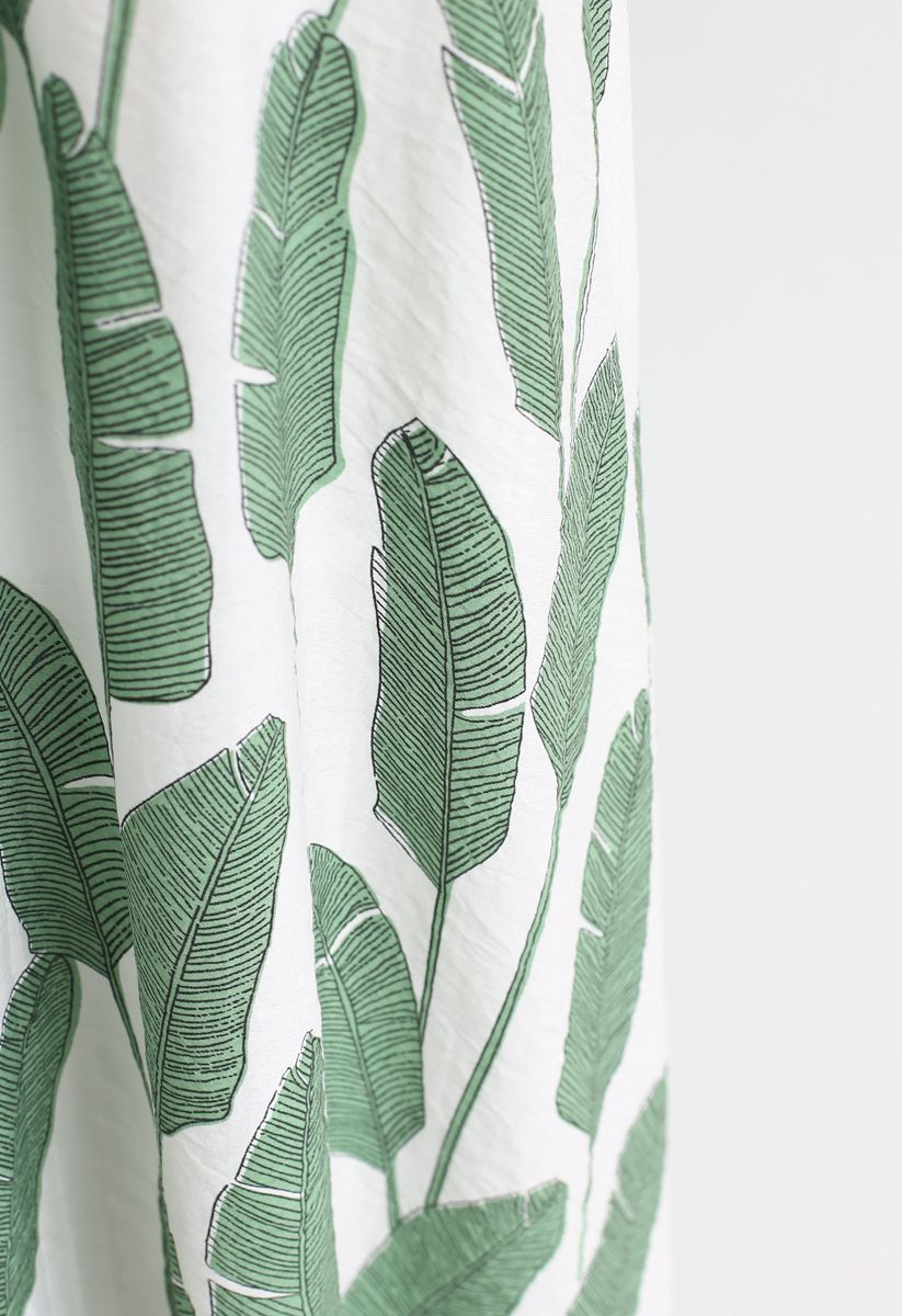 Summer Palm Leaf Print Halter Neck Maxi Dress in Green