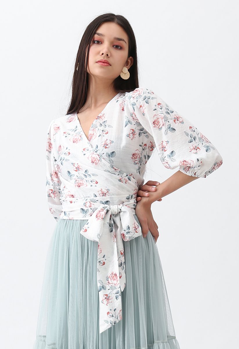 Cheerful Rose Wrapped Top in White