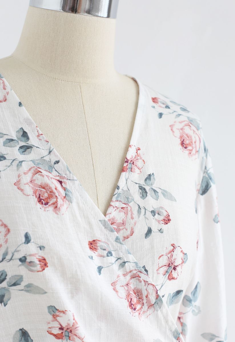 Cheerful Rose Wrapped Top in White