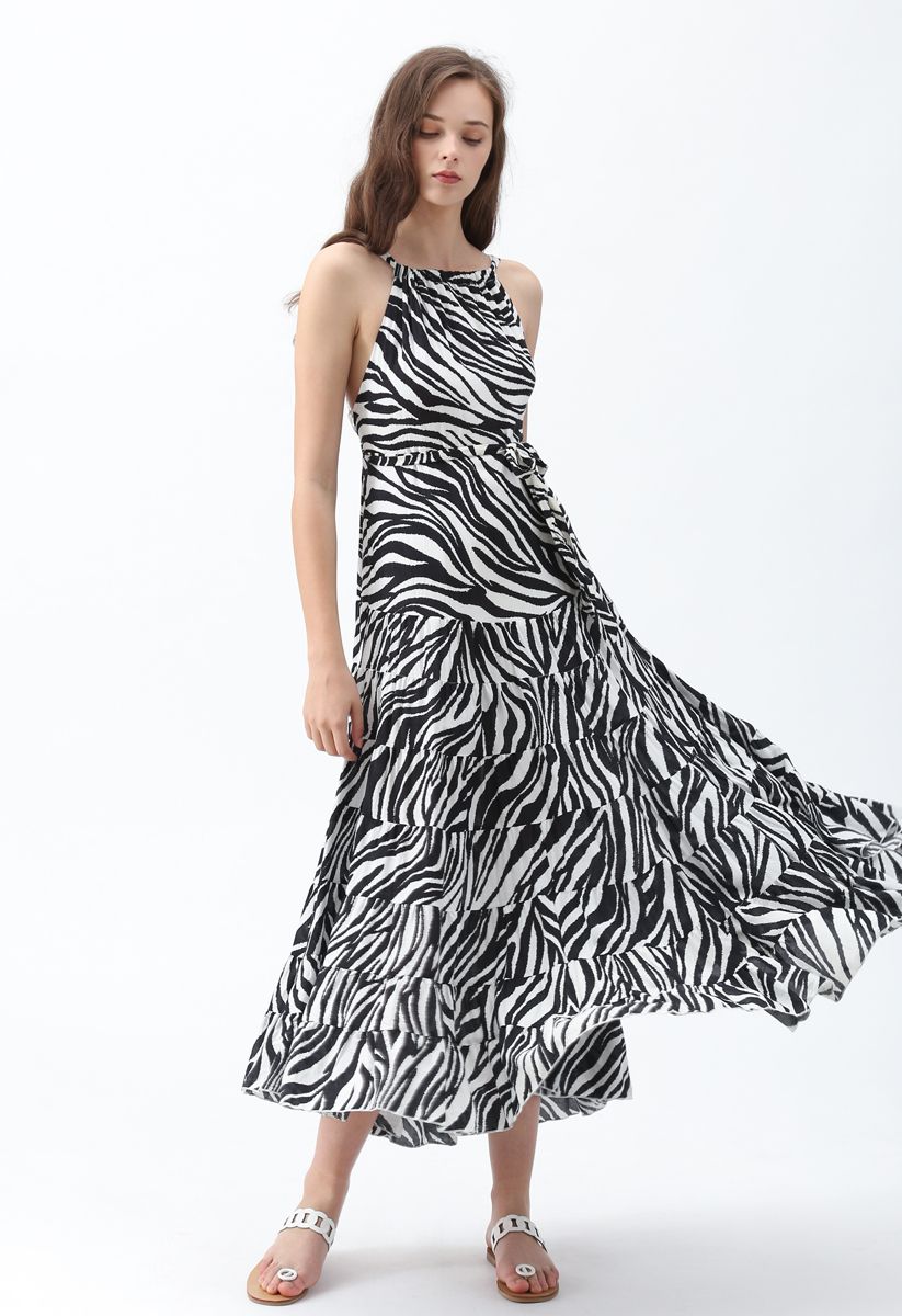 Zebra-Stripe Open Back Maxi Dress in White