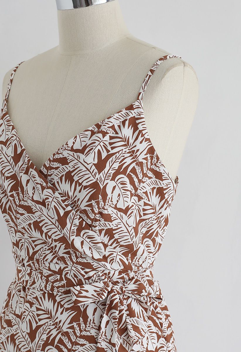 Palm Breeze Wrap Ruffle Cami Dress in Brown