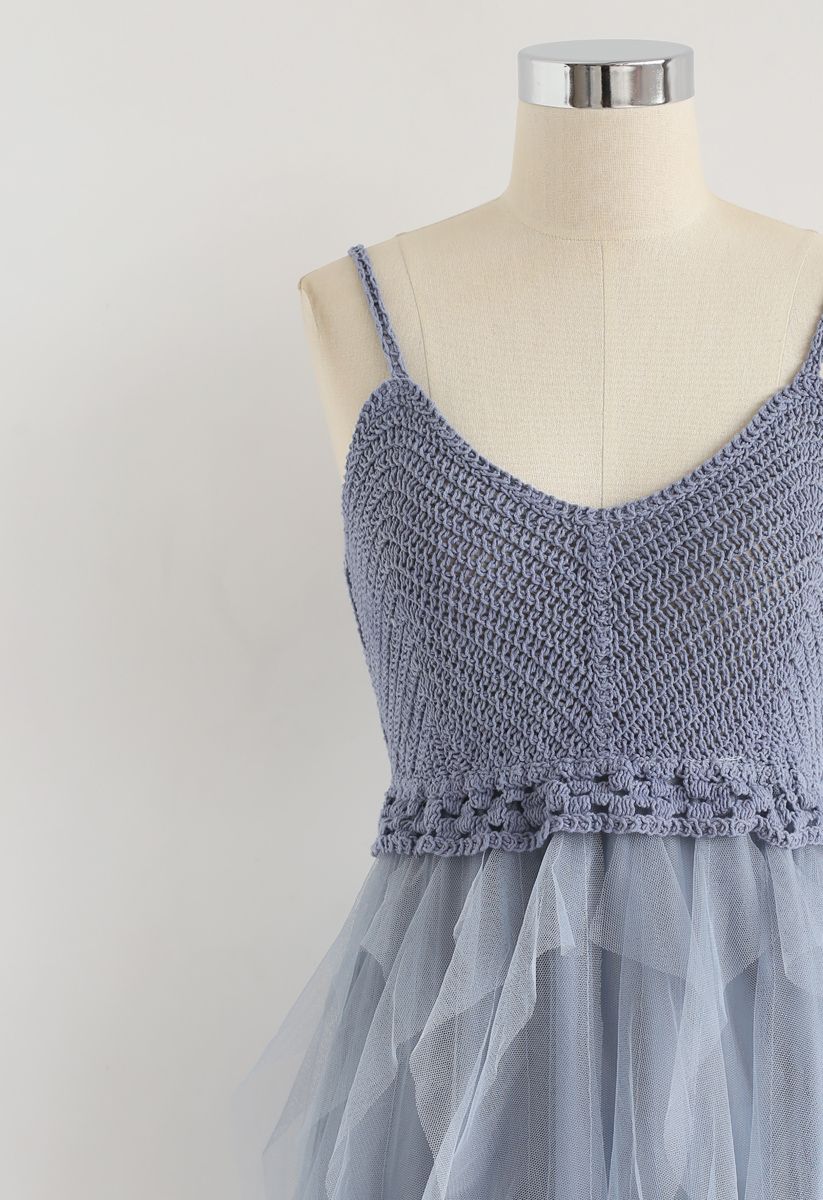 Knit Ruffled Mesh Cami Dress in Blue