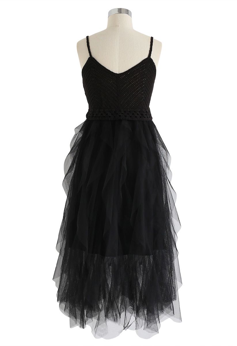 Knit Ruffled Mesh Cami Dress in Black