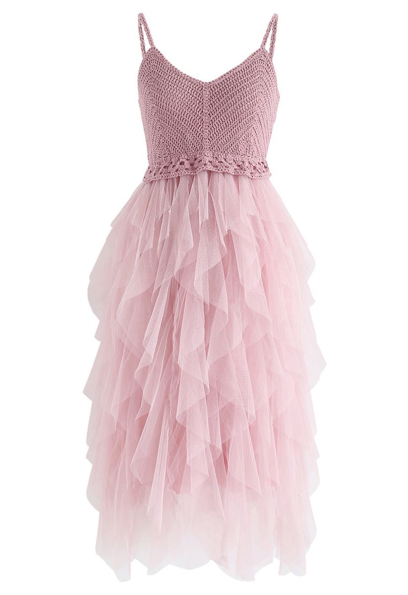 Knit Ruffled Mesh Cami Dress in Dusty Pink