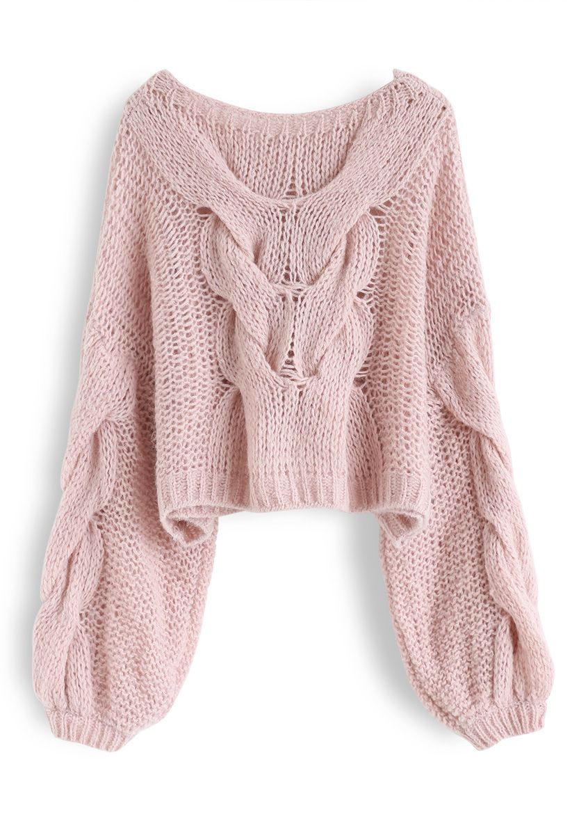 Hand-Knit Puff Sleeves Sweater in Pink