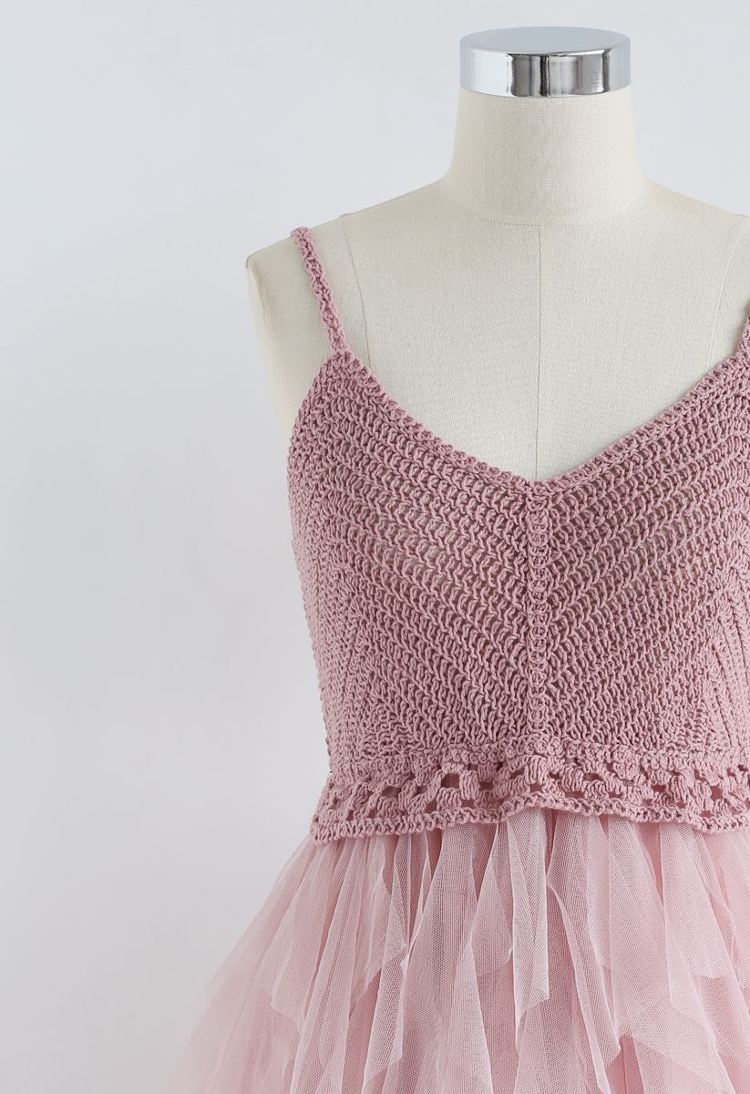 Knit Ruffled Mesh Cami Dress in Dusty Pink