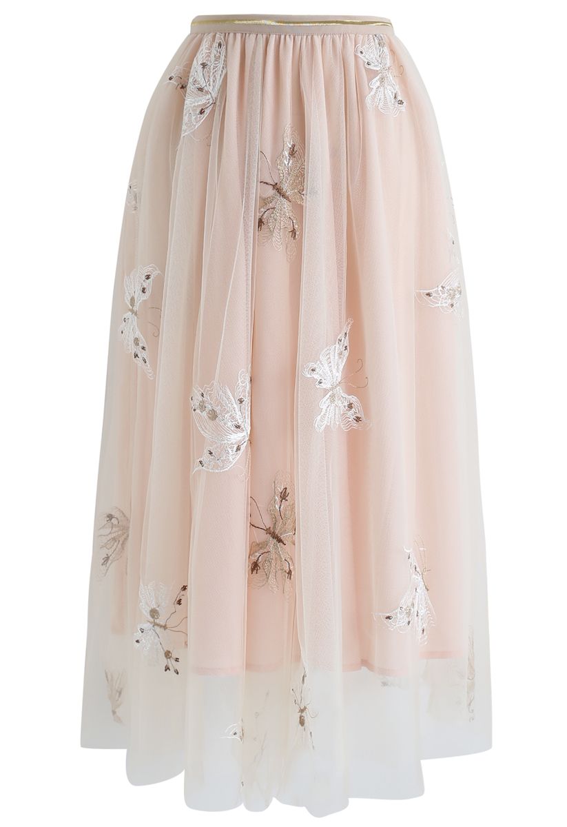 Butterfly Embroidered Double-Layered Mesh Midi Skirt